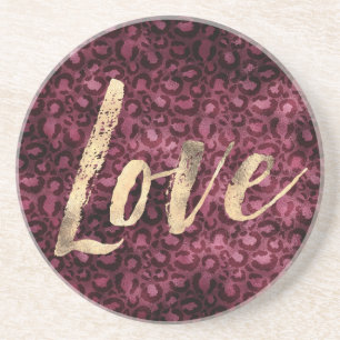 Burgundy Leopard Print Gold Love Zandsteen Onderzetter