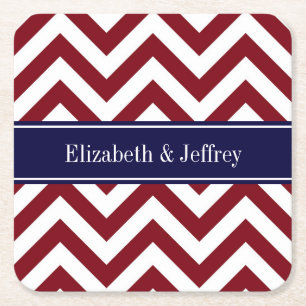 Burgundy Lg Chevron Navy Blue Name Monogram Vierkante Kartonnen Onderzetter