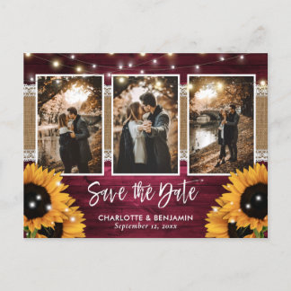 Burgundy Lights Sunflower 3 Foto Save the Date Aankondigingskaart