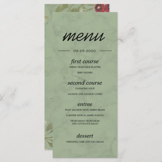 Burgundy Marble Greenery Botanical Pomegranates Menu (Voorkant / Achterkant)