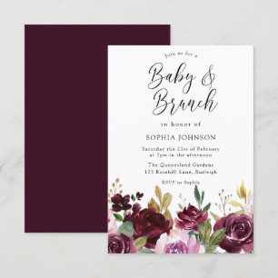 Burgundy Maroon Flowers Baby & Brunch Baby shower Kaart
