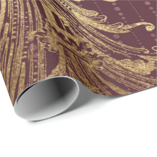 Burgundy Maroon Gold Damask Bridal Royal Ornamenta Cadeaupapier