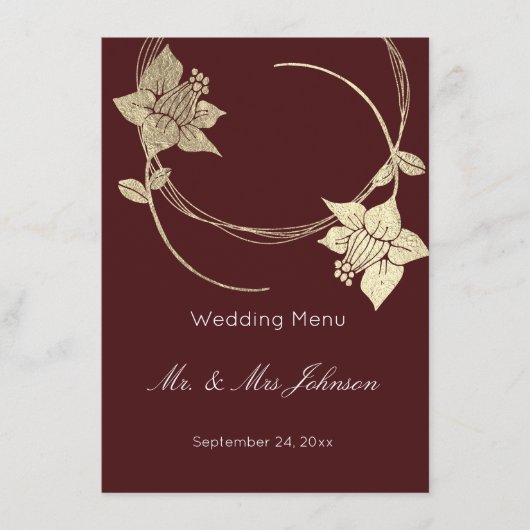 Burgundy Maroon Gold Floral Mariage Menu de l'évén (Devant)