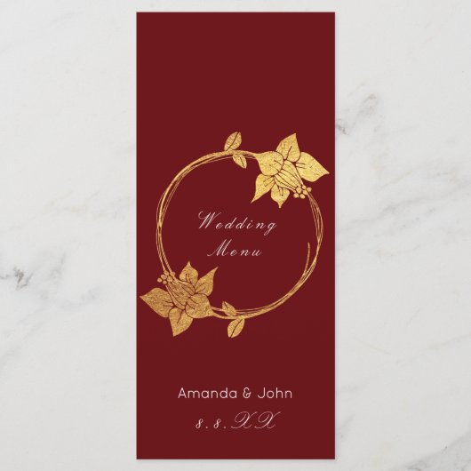 Burgundy Maroon Gold Floral Red Wedding Menu (Voorkant)