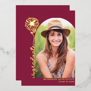 Burgundy Maroon Gold Handwrited Photo Afstuderen Folie Uitnodiging