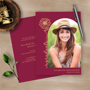 Burgundy Maroon Gold Handwrited Photo Afstuderen Kaart