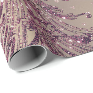 Burgundy Maroon Pink Rose Gold Royal Damask Hearts Cadeaupapier