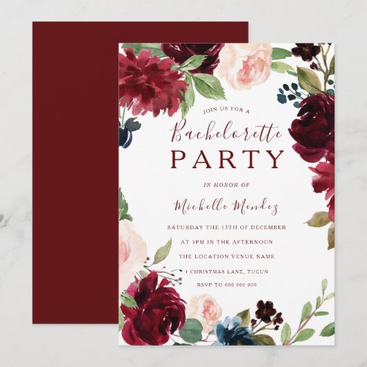 Burgundy Maroon Red Floral Bachelorette Kaart (Voorkant / Achterkant)