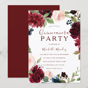 Burgundy Maroon Red Floral Quinceanera Kaart