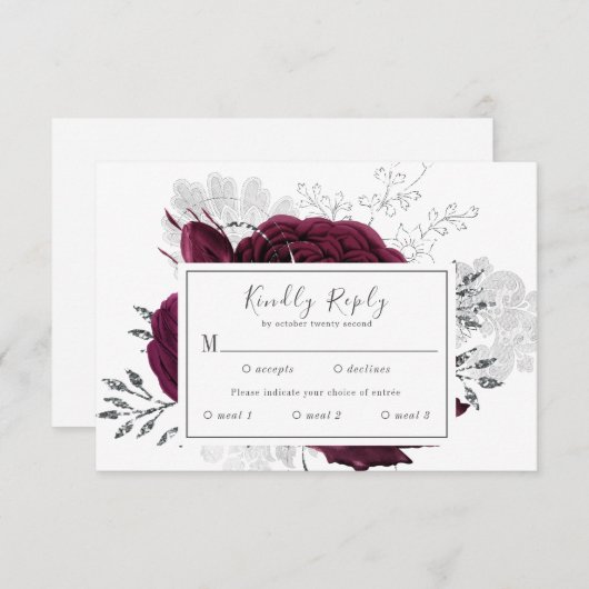 Burgundy Maroon Zilveren Bloem Herfst Bruiloft RSVP Kaartje (Voorkant / Achterkant)
