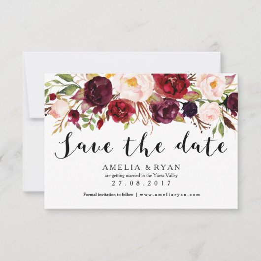 Burgundy Marsala Bloemen Save the Date Kaart (Voorkant)