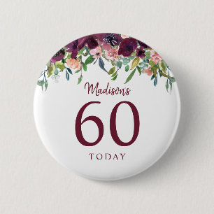 Burgundy Marsala Bloemige 60e Verjaardag 60 Vandaa Ronde Button 5,7 Cm