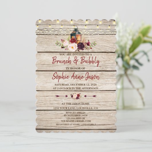 Burgundy Marsala Bloemlantaarn Brunch & Bruisend Kaart (Staand voorkant)