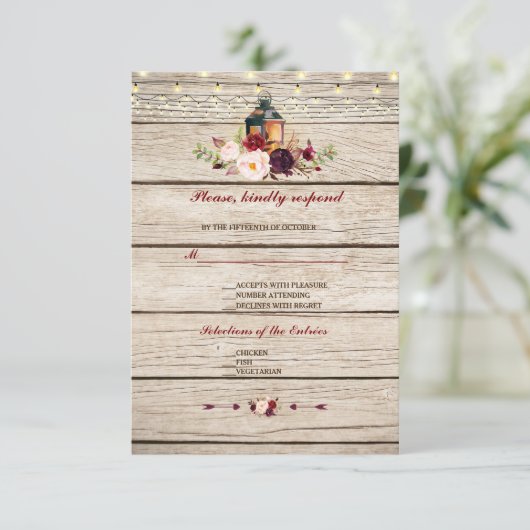 Burgundy Marsala Bloemlantaarn Trouw RSVP (Staand voorkant)