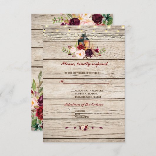 Burgundy Marsala Bloemlantaarn Trouw RSVP (Voorkant / Achterkant)