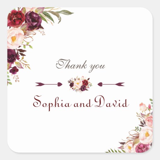 Burgundy Marsala Blush Floral Wedding Vierkante Sticker (Voorkant)