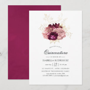 Burgundy - Marsala Blush Pink en Gold Quinceañera Kaart