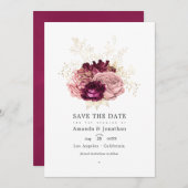 Burgundy - Marsala Blush Roze en Gouden Bruiloft Save The Date (Voorkant / Achterkant)