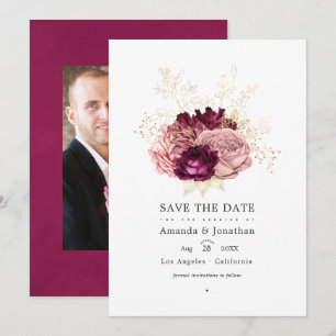 Burgundy - Marsala Blush Roze en Gouden Bruiloft Save The Date