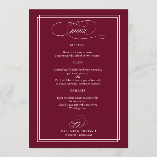 Burgundy Marsala Elégant Menu Mariage (Devant)