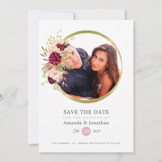 Burgundy-Marsala en Blush Foto Bruiloft Save The Date (Voorkant)