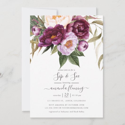 Burgundy - Marsala en Peach Floral Sip en See Kaart (Voorkant)