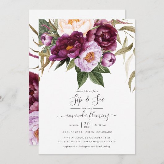 Burgundy - Marsala en Peach Floral Sip en See Kaart (Voorkant / Achterkant)