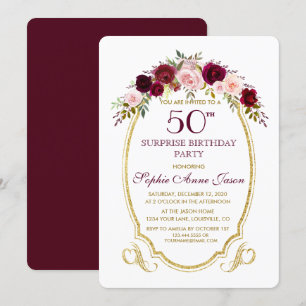 Burgundy Marsala Floral 50ste SurPrize Birthday Kaart