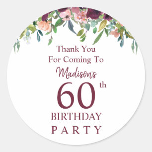 Burgundy Marsala Floral 60th Birthday Hartelijk da Ronde Sticker