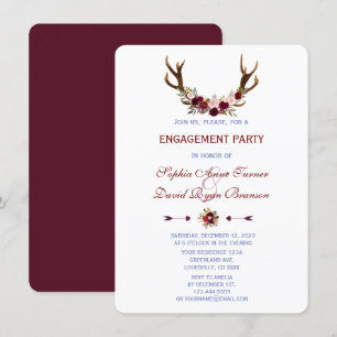 Burgundy Marsala Floral Antlers Engagement Party Kaart