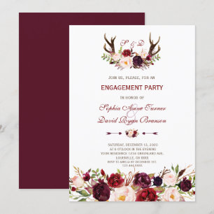 Burgundy Marsala Floral Antlers Engagement Party Kaart