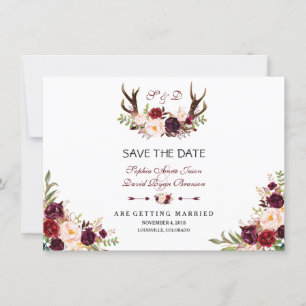 Burgundy Marsala Floral Antlers sparen de datum Save The Date