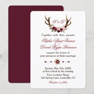 Burgundy Marsala Floral Antlers Weddenemonogram Kaart