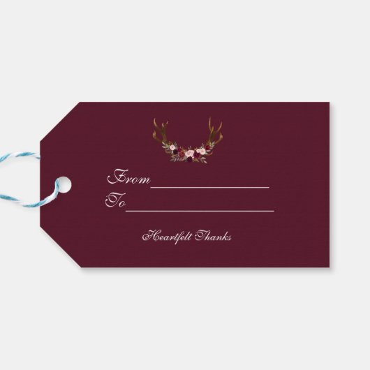 Burgundy Marsala Floral Antlers Weddenschap Cadeaulabel (Achterkant Horizontaal)