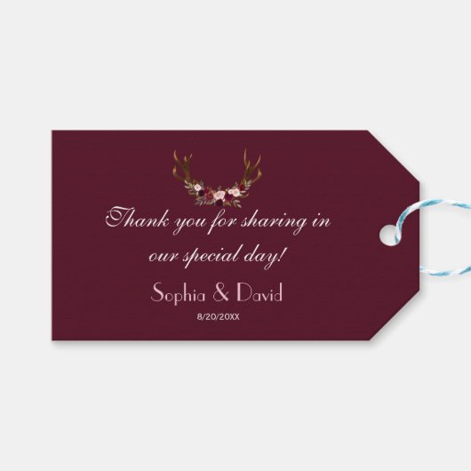 Burgundy Marsala Floral Antlers Weddenschap Cadeaulabel (Voorkant (Horizontaal))