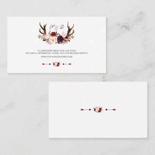 Burgundy Marsala Floral Antlers Weddenschap Websit Visitekaartje (Voorkant / Achterkant)