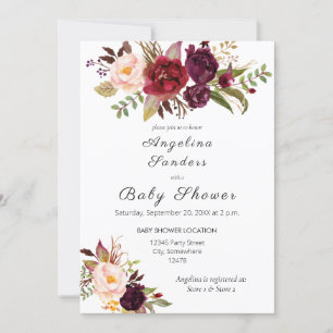 Burgundy Marsala Floral Baby shower Kaart
