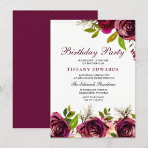 Burgundy Marsala Floral Birthday Party Invitation Kaart