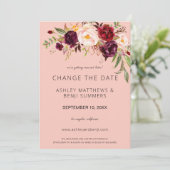 Burgundy Marsala Floral Change the Date - Roze 2 Kaart (Staand voorkant)