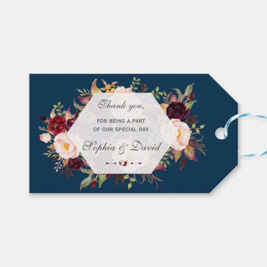 Burgundy Marsala Floral Geometric Navy Wedding Cadeaulabel (Voorkant (Horizontaal))