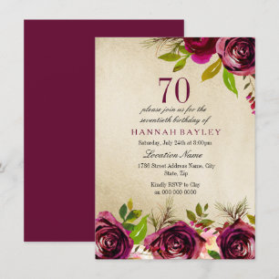 Burgundy Marsala Floral Gold 70th Birthday Invite Kaart