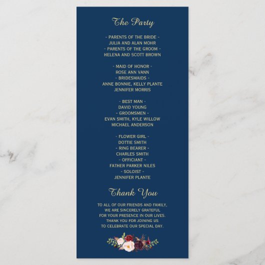 Burgundy Marsala Floral Navy Blue Wedding Program Programma (Achterkant)