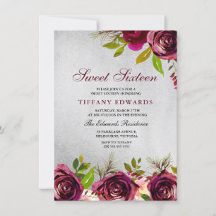 Burgundy Marsala Floral Silver Sweet 16 Uitnodigin Kaart