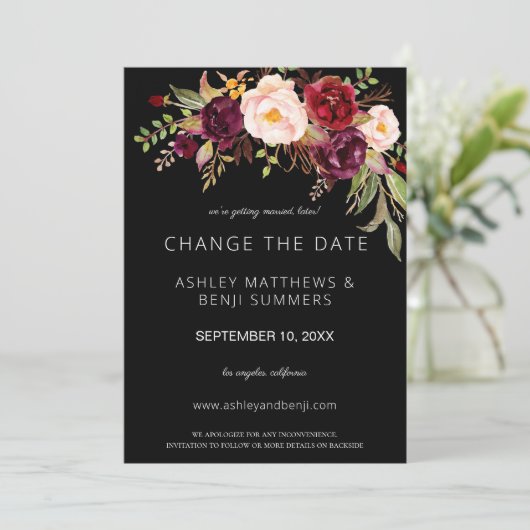 Burgundy Marsala Floral verander de datum - zwart Kaart (Staand voorkant)