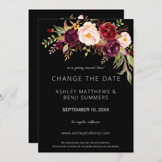 Burgundy Marsala Floral verander de datum - zwart Kaart (Voorkant / Achterkant)