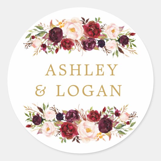 Burgundy Marsala Floral Wedding Favor Sticker (Devant)