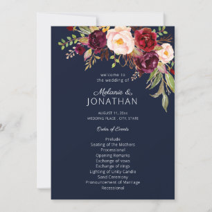 Burgundy Marsala Floral Wedding Programme Navy V2 Kaart