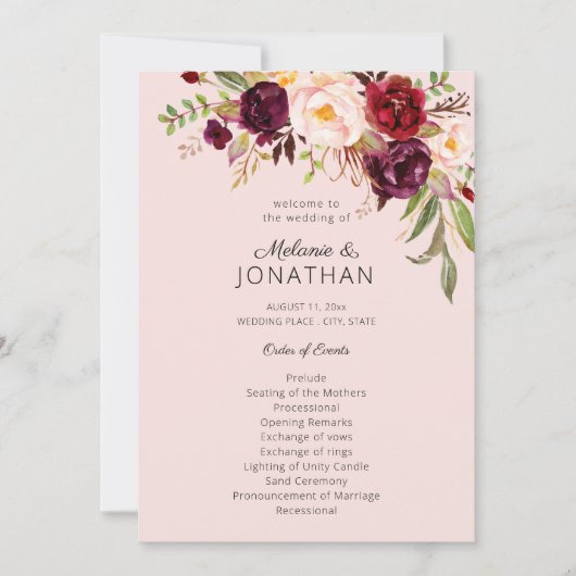 Burgundy Marsala Floral Wedding Programme Pink V2 Kaart (Voorkant)