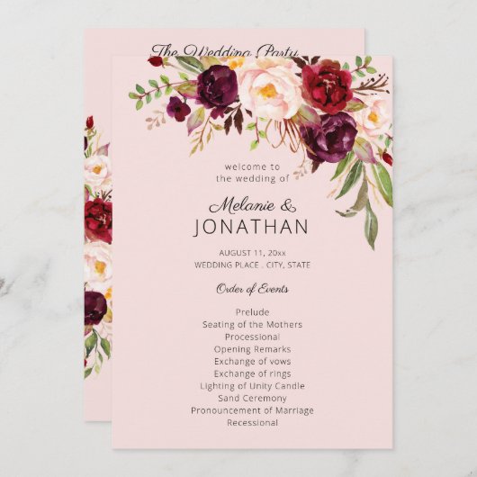 Burgundy Marsala Floral Wedding Programme Pink V2 Kaart (Voorkant / Achterkant)