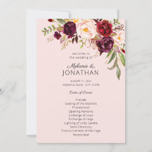 Burgundy Marsala Floral Wedding Programme Pink V2 Kaart